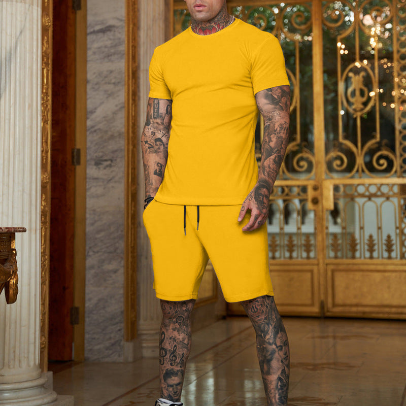 Foreign Trade Summer New Cross-Border Men'S European And American Loose And Trendy Youth Solid Color Short-Sleeved Shorts Suit Casual Two-Piece Set