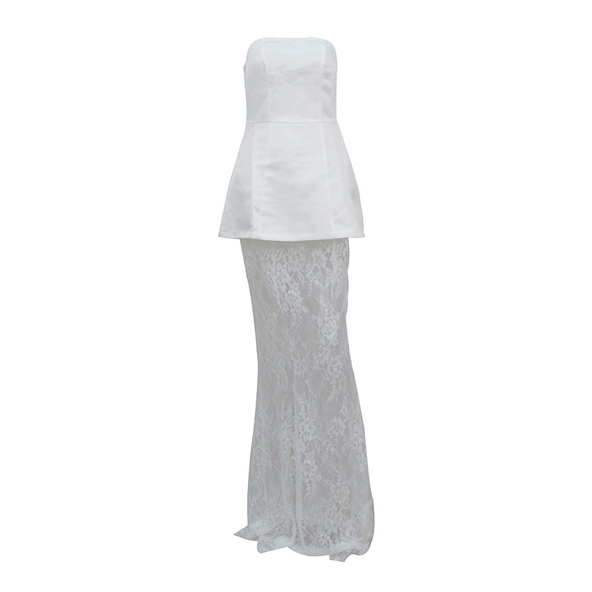 Spring And Summer New Style Waist Bandeau Vest High Waist Lace Long Skirt Women'S Two-Piece Set With Fashionable European And American Design