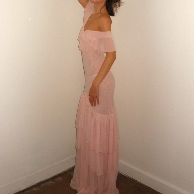 European And American Cross-Border Autumn And Winter New Lotus Lace V-Neck Backless Irregular Mesh Waist Dress Wholesale