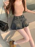 Hot Girl Retro Pleated Denim Skirt For Women 2025 New Summer High-Waisted A-Line Anti-Exposure Hip-Covering Short Skirt