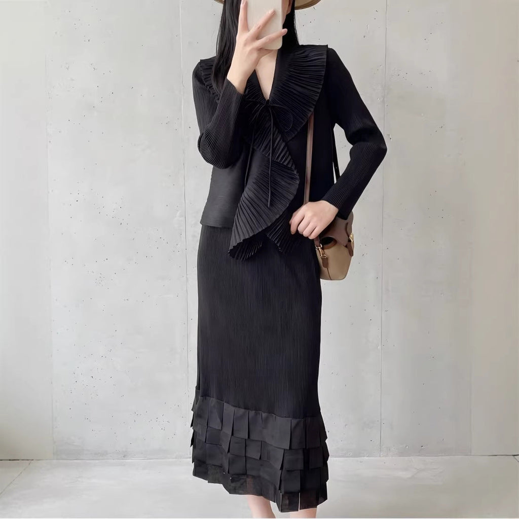Internet Celebrity Live Broadcast Hot Sale Miyake Style Textured Cardigan Ruffled Cake Skirt Elegant Lady Style Two-Piece Set