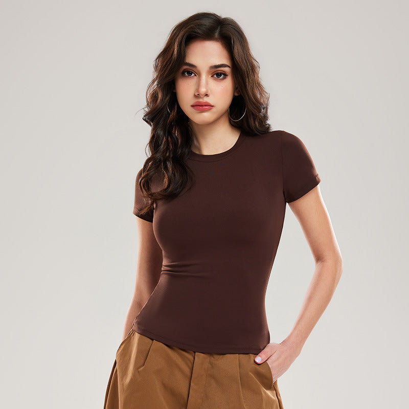 American Solid Color Short-Sleeved Right Shoulder T-Shirt Women'S Nude Quick-Drying Yoga Wear Slim Fit Sports Fitness Running Top