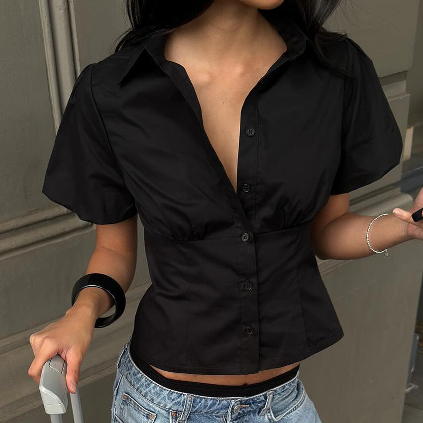 2026 Summer New Puff Sleeve Shirt Design Temperament Waist Top Fashion Personality European And American Commuting Versatile
