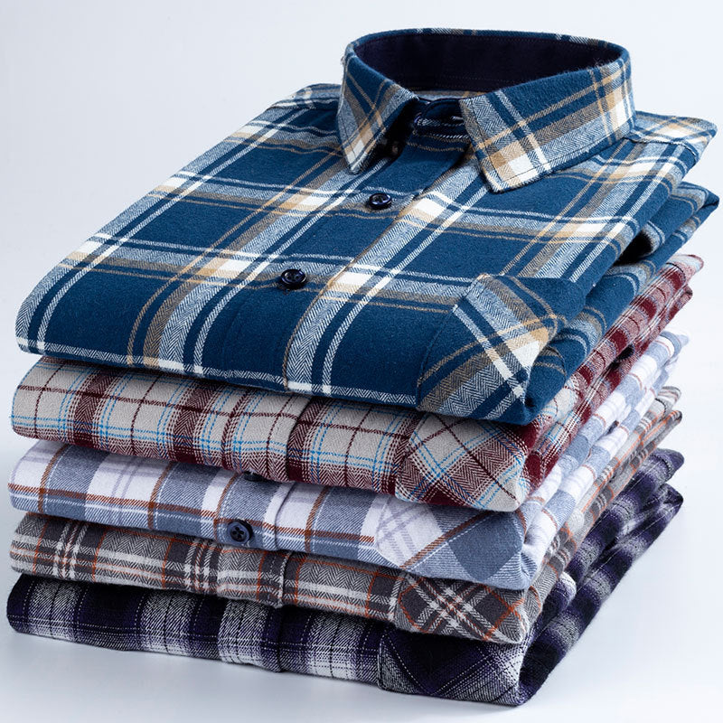 100% Cotton Brushed Long-Sleeved Middle-Aged Shirt Men'S Autumn 2024 New Dad Wear Spring And Autumn Plaid Cotton Shirt