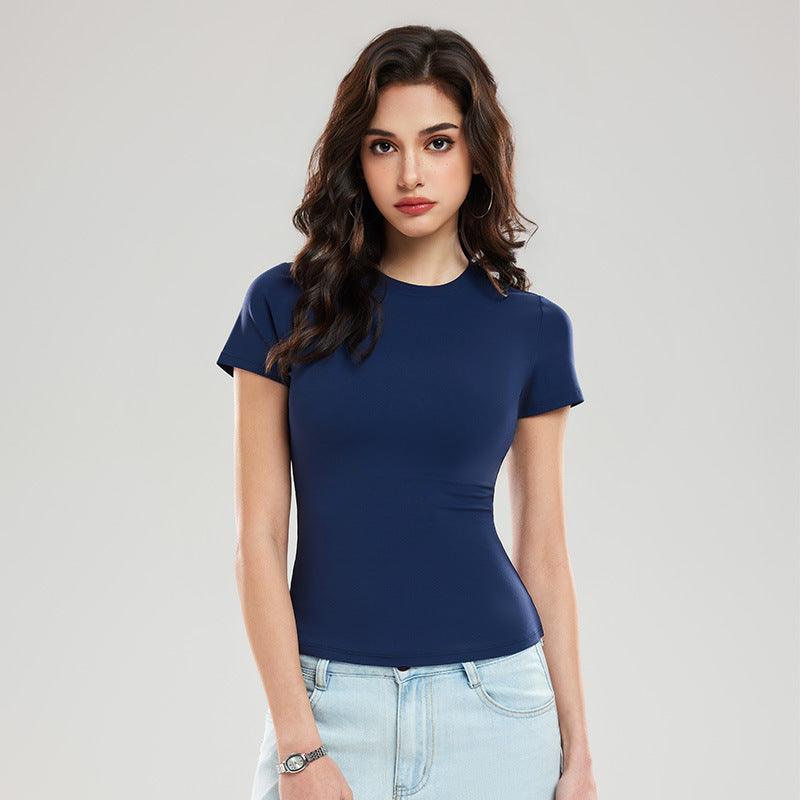 American Solid Color Short-Sleeved Right Shoulder T-Shirt Women'S Nude Quick-Drying Yoga Wear Slim Fit Sports Fitness Running Top