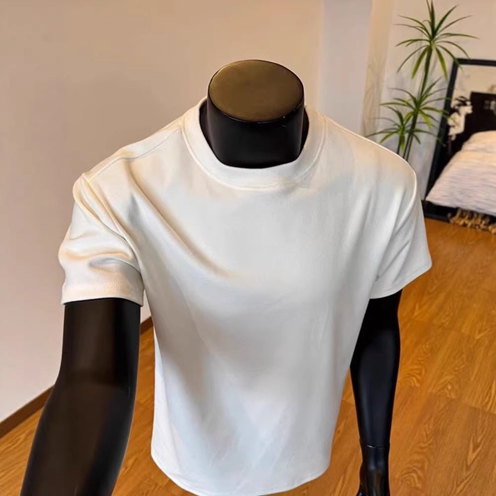 230G Solid Color Cuffs, Small Neckline, Right Shoulder Short-Sleeved T-Shirt For Men, Summer Heavyweight Solona Quick-Drying Cool T-Shirt