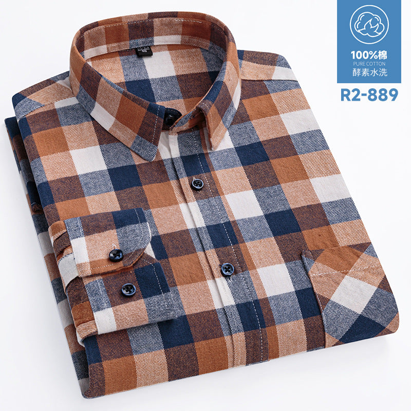 100% Cotton Brushed Long-Sleeved Middle-Aged Shirt Men'S Autumn 2024 New Dad Wear Spring And Autumn Plaid Cotton Shirt