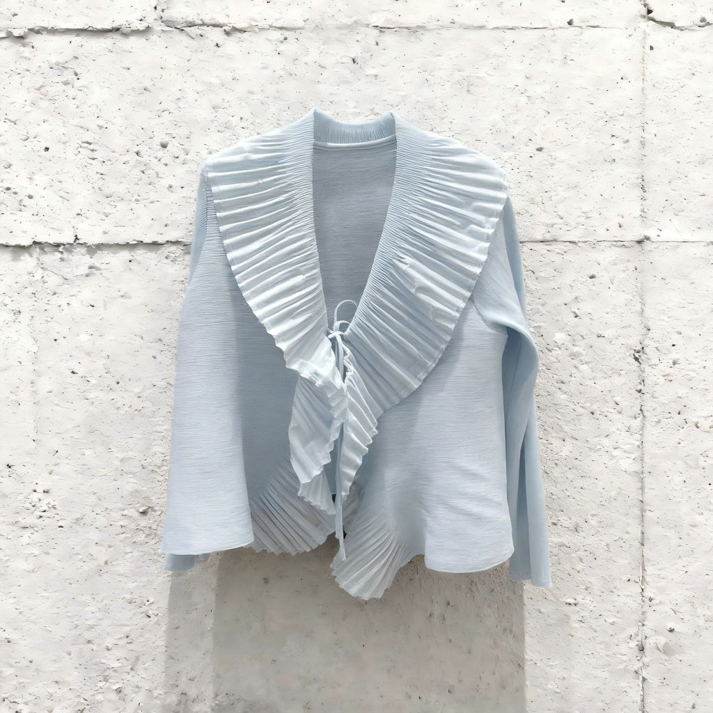 Internet Celebrity Live Broadcast Hot Sale Miyake Style Textured Cardigan Ruffled Cake Skirt Elegant Lady Style Two-Piece Set