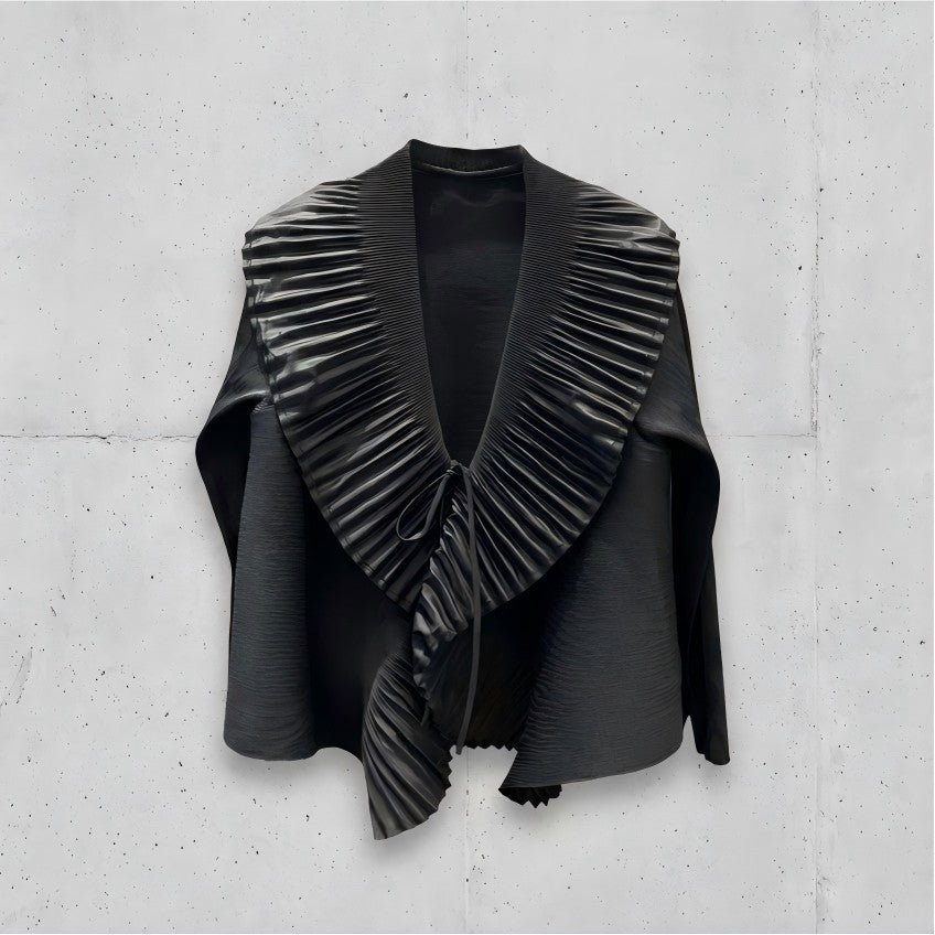 Internet Celebrity Live Broadcast Hot Sale Miyake Style Textured Cardigan Ruffled Cake Skirt Elegant Lady Style Two-Piece Set