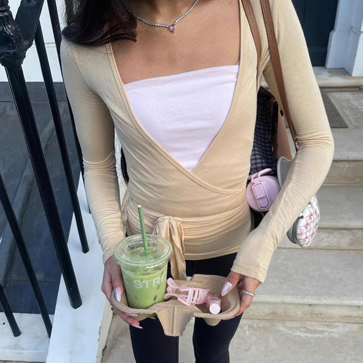 2025 New Autumn European And American Style V-Neck Long-Sleeved T-Shirt Design, Fashionable And Personalized Wrap, Slim-Fitting Pilates Top