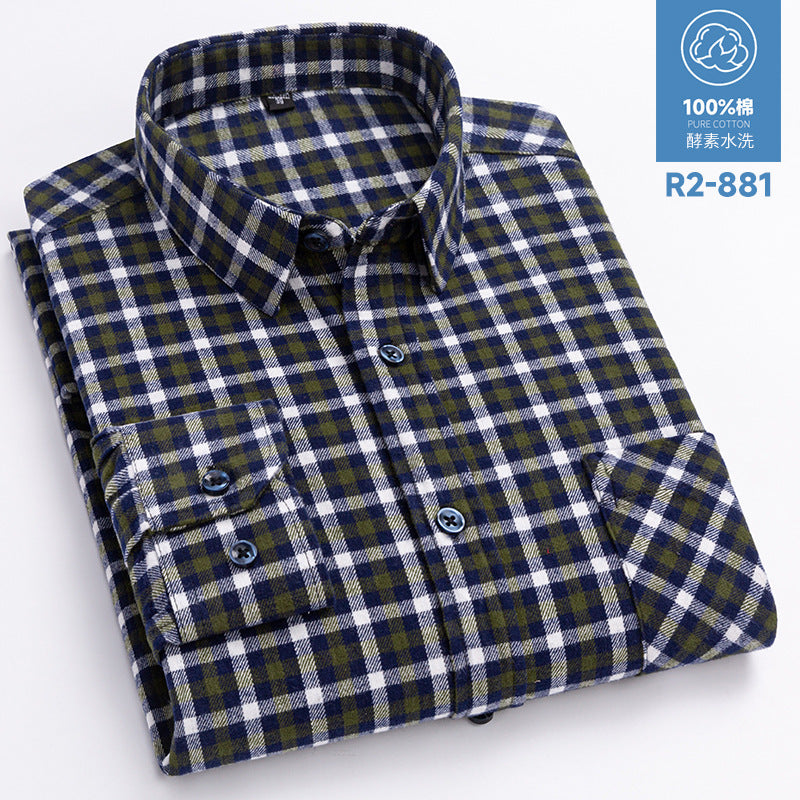 100% Cotton Brushed Long-Sleeved Middle-Aged Shirt Men'S Autumn 2024 New Dad Wear Spring And Autumn Plaid Cotton Shirt