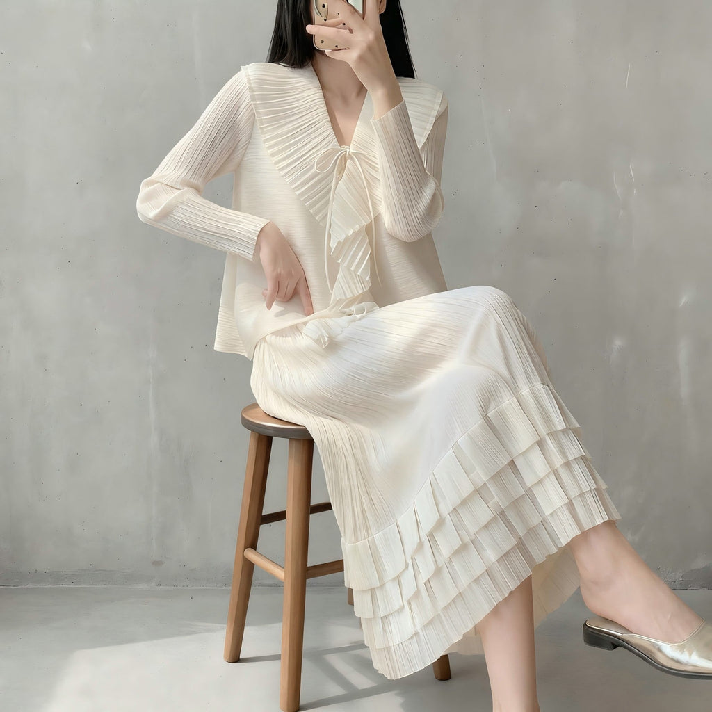Internet Celebrity Live Broadcast Hot Sale Miyake Style Textured Cardigan Ruffled Cake Skirt Elegant Lady Style Two-Piece Set