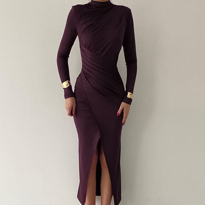 Yj24388 Autumn 2024 New Style Fashion Style Mid-High Collar Pleated Slit Slim Long-Sleeved Dress For Women