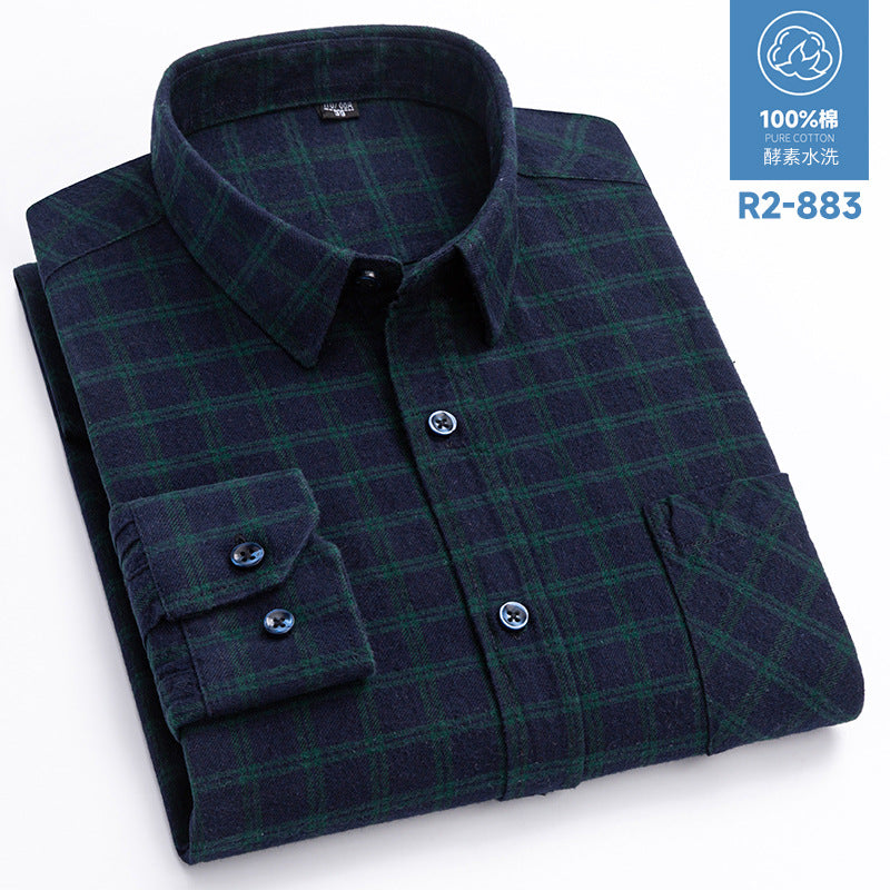 100% Cotton Brushed Long-Sleeved Middle-Aged Shirt Men'S Autumn 2024 New Dad Wear Spring And Autumn Plaid Cotton Shirt