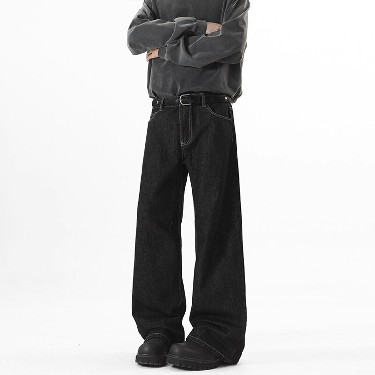 Denim Original Color Wide Leg Jeans Men'S Autumn American High Street Loose Trousers Cleanfit Washed Floor Mopping Pants