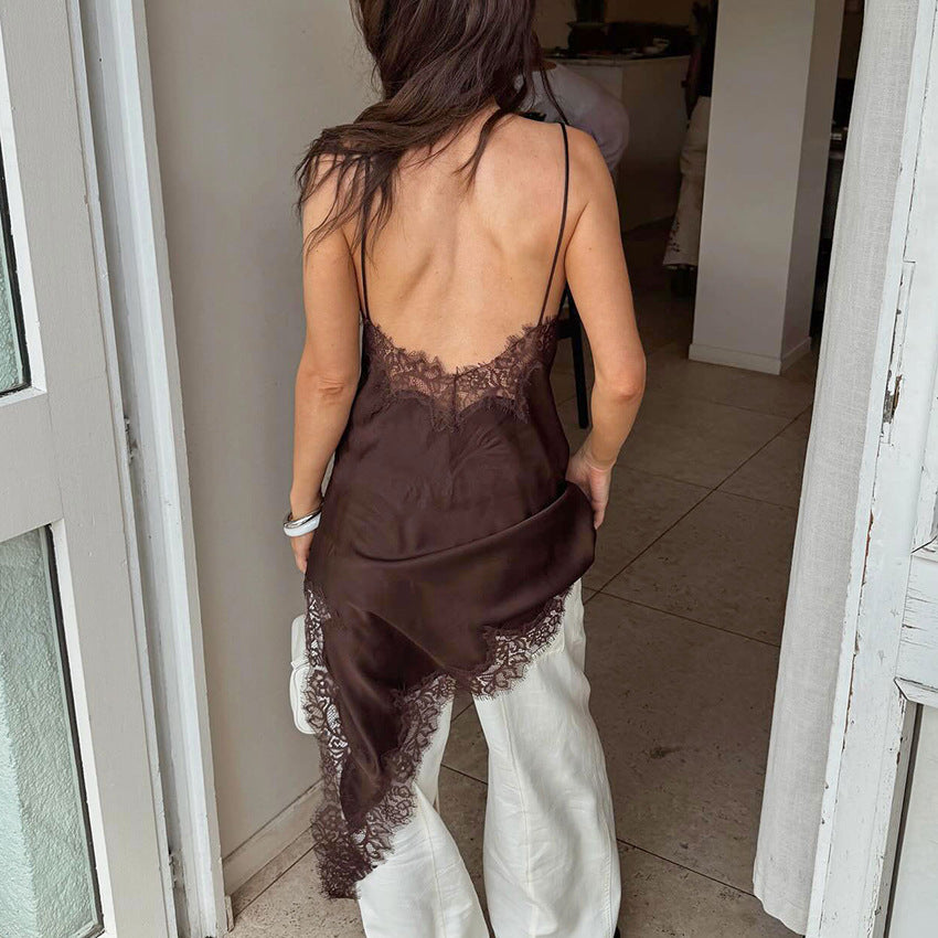 2026 Spring And Summer New Simulated Silk Lace Slit Inner Dress Design And Temperament Satin Satin Suspender Skirt