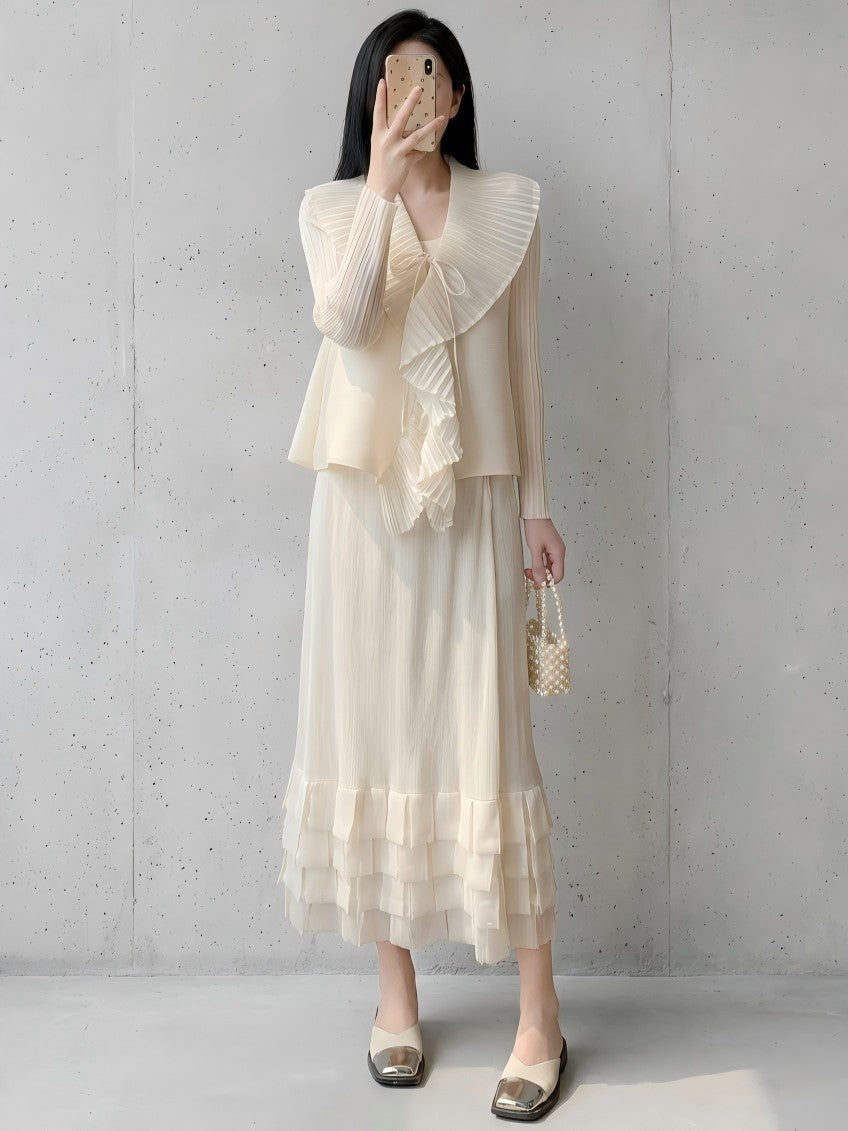 Internet Celebrity Live Broadcast Hot Sale Miyake Style Textured Cardigan Ruffled Cake Skirt Elegant Lady Style Two-Piece Set