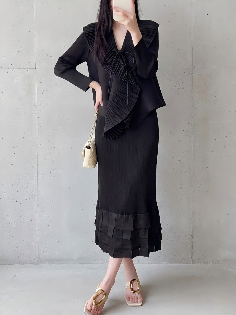 Internet Celebrity Live Broadcast Hot Sale Miyake Style Textured Cardigan Ruffled Cake Skirt Elegant Lady Style Two-Piece Set