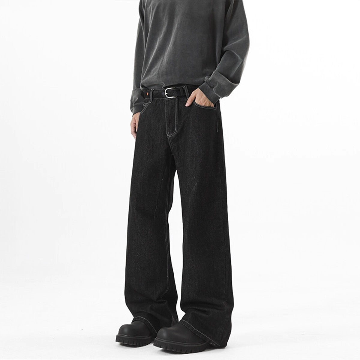 Denim Original Color Wide Leg Jeans Men'S Autumn American High Street Loose Trousers Cleanfit Washed Floor Mopping Pants