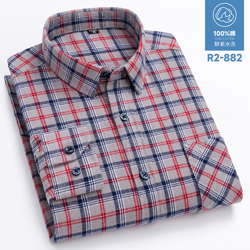 100% Cotton Brushed Long-Sleeved Middle-Aged Shirt Men'S Autumn 2024 New Dad Wear Spring And Autumn Plaid Cotton Shirt