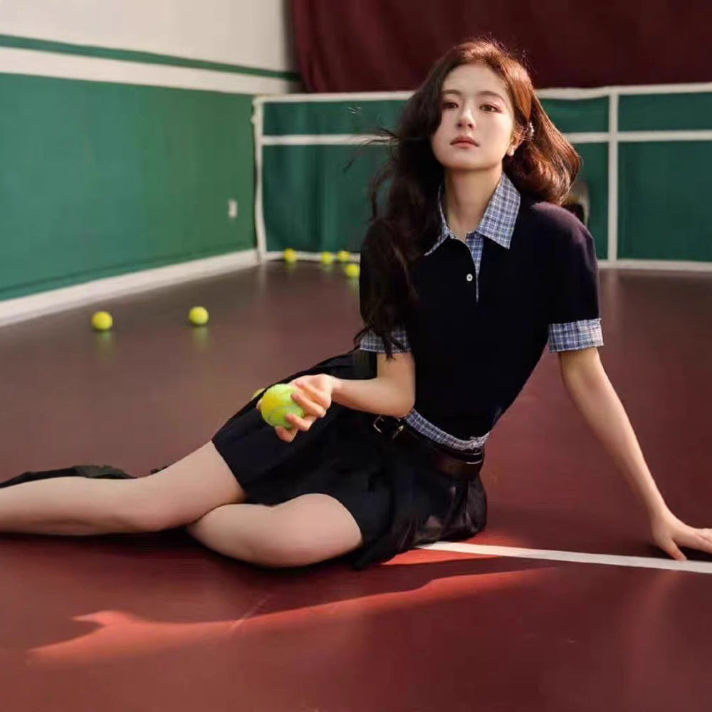 High Version Spot Fake Two-Piece Spliced Polo Collar Short-Sleeved T-Shirt For Women Age-Reducing College Style Tops Couples Short-Sleeved Trendy