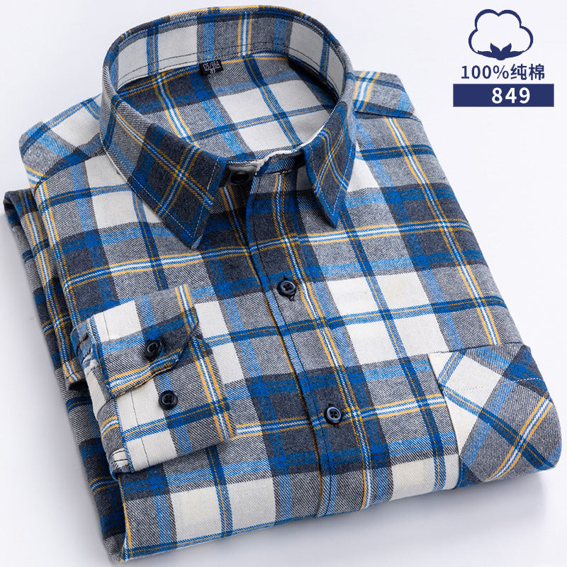 100% Cotton Brushed Long-Sleeved Middle-Aged Shirt Men'S Autumn 2024 New Dad Wear Spring And Autumn Plaid Cotton Shirt