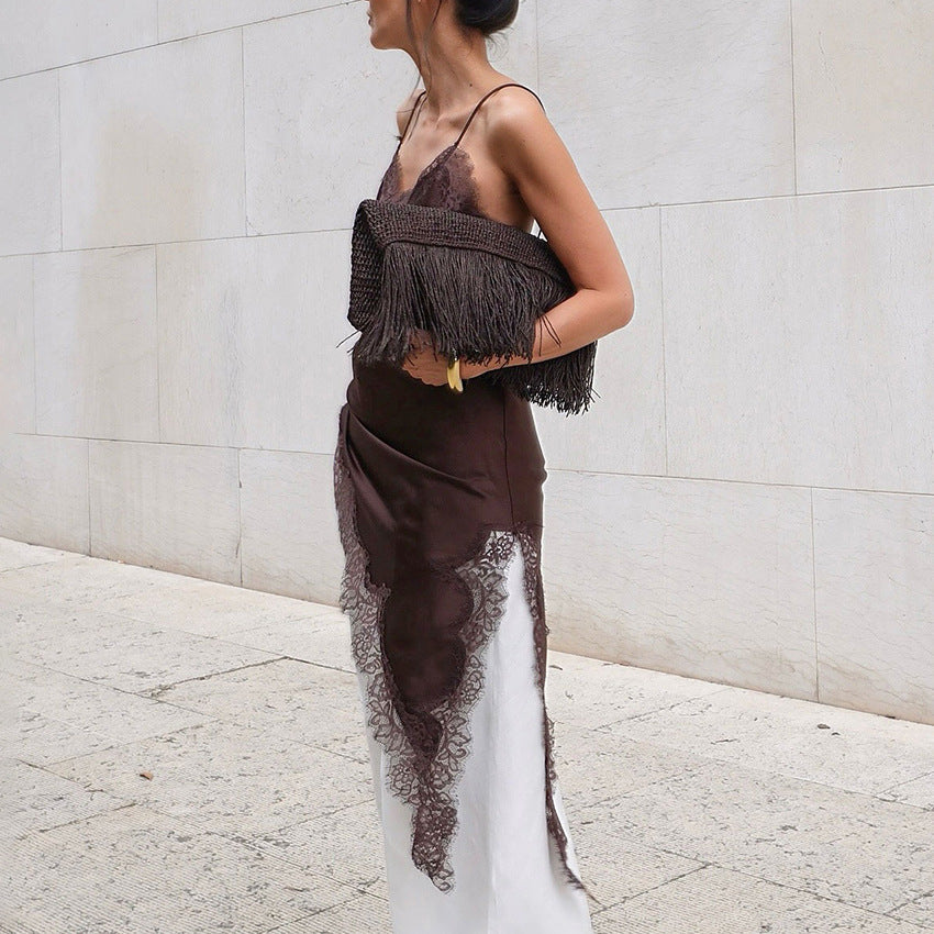 2026 Spring And Summer New Simulated Silk Lace Slit Inner Dress Design And Temperament Satin Satin Suspender Skirt