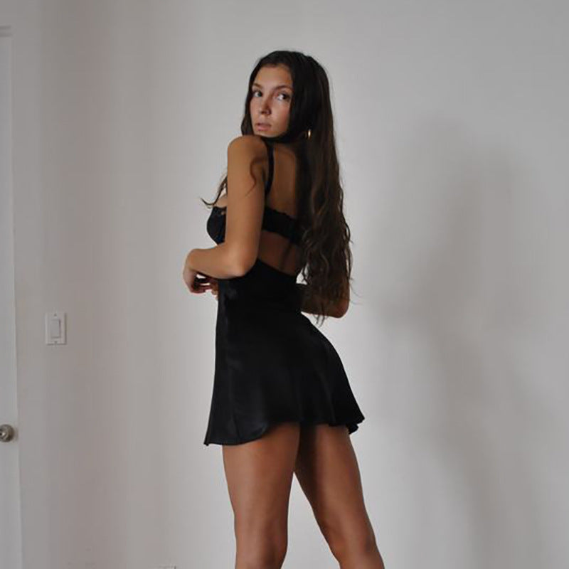 European And American Ins Sexy Suspender Strapless Backless Lace Breast-Wrapped Lace Dress For Women Summer Solid Color Satin Skirt