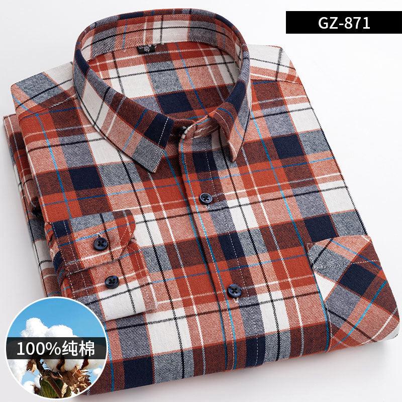 100% Cotton Brushed Long-Sleeved Middle-Aged Shirt Men'S Autumn 2024 New Dad Wear Spring And Autumn Plaid Cotton Shirt