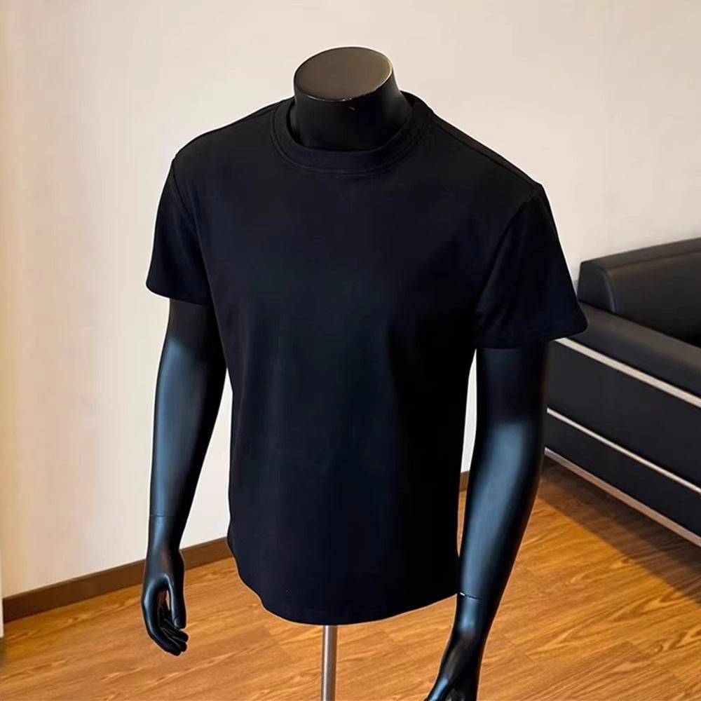 230G Solid Color Cuffs, Small Neckline, Right Shoulder Short-Sleeved T-Shirt For Men, Summer Heavyweight Solona Quick-Drying Cool T-Shirt