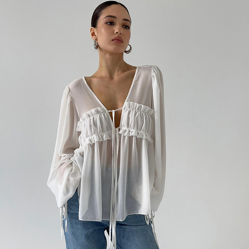 2026 New Summer Style V-Neck Pleated Fungus-Edged Lace-Up Shirt With Design, Temperament, Fashionable Commuting, European And American Cross-Border