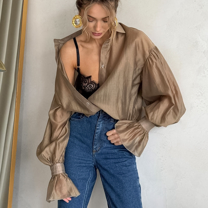 2025 New Autumn See-Through Long-Sleeved Shirts For Women With Design Sense, Personality, Fashionable Temperament, Casual European And American Commuting Shirts