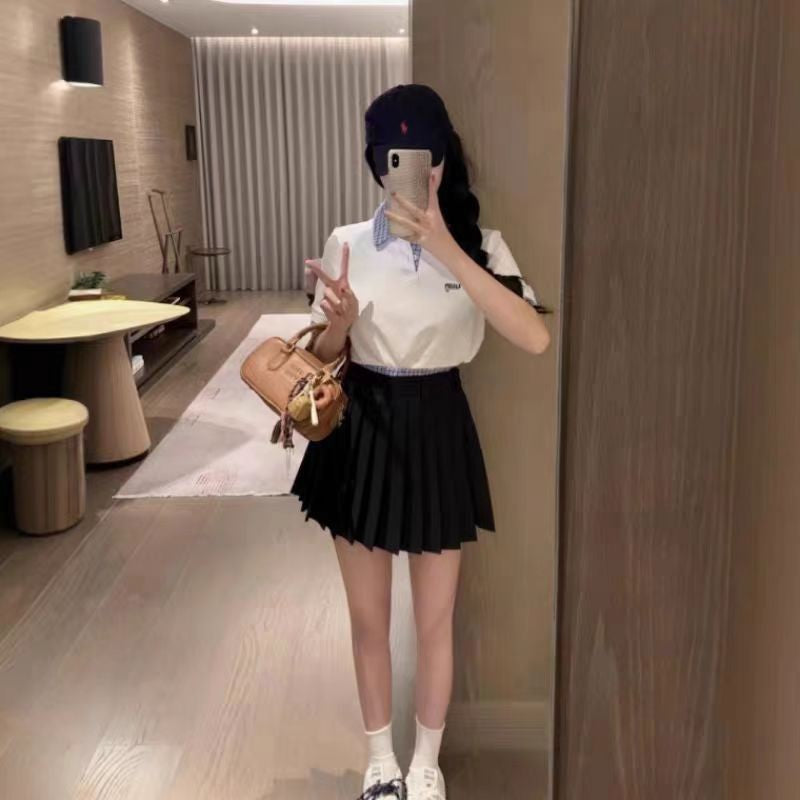 High Version Spot Fake Two-Piece Spliced Polo Collar Short-Sleeved T-Shirt For Women Age-Reducing College Style Tops Couples Short-Sleeved Trendy