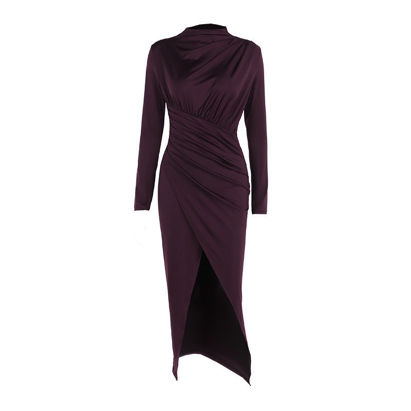 Yj24388 Autumn 2024 New Style Fashion Style Mid-High Collar Pleated Slit Slim Long-Sleeved Dress For Women