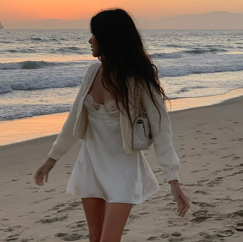 European And American Ins Sexy Suspender Strapless Backless Lace Breast-Wrapped Lace Dress For Women Summer Solid Color Satin Skirt