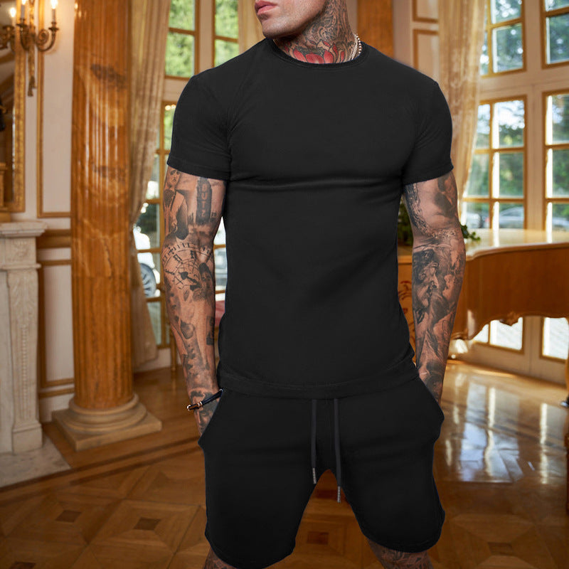Foreign Trade Summer New Cross-Border Men'S European And American Loose And Trendy Youth Solid Color Short-Sleeved Shorts Suit Casual Two-Piece Set