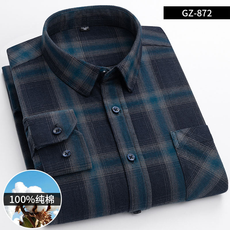 100% Cotton Brushed Long-Sleeved Middle-Aged Shirt Men'S Autumn 2024 New Dad Wear Spring And Autumn Plaid Cotton Shirt