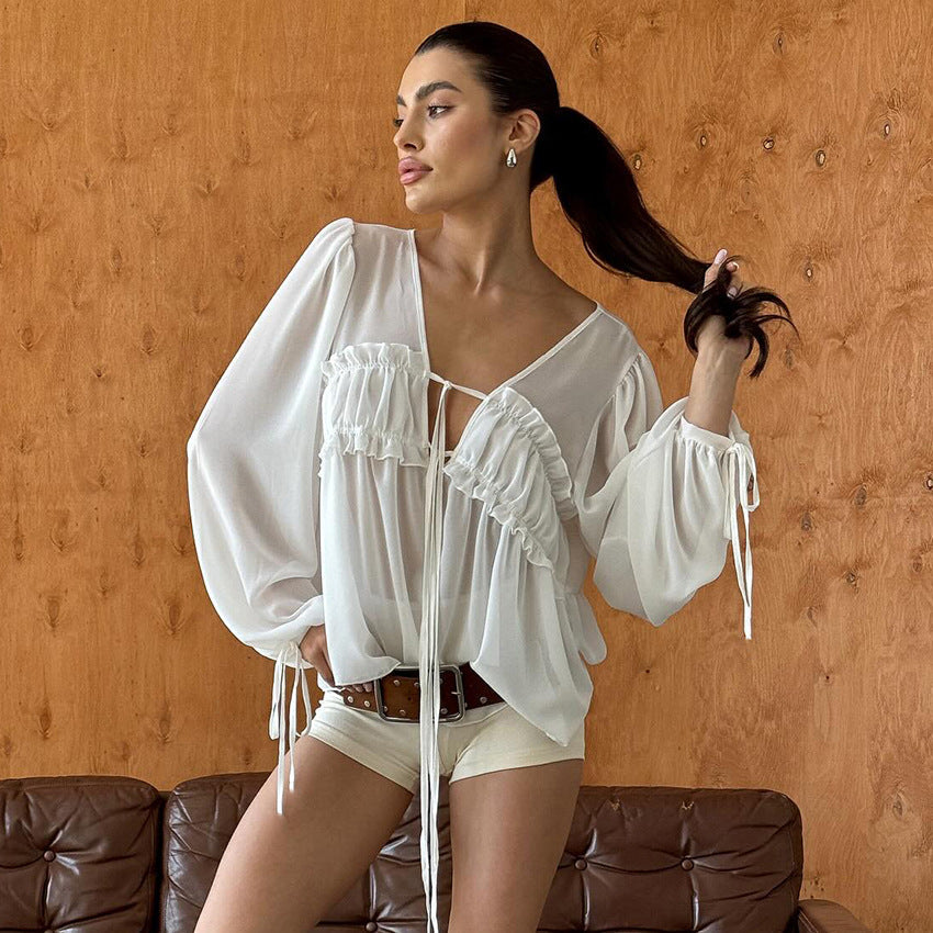 2026 New Summer Style V-Neck Pleated Fungus-Edged Lace-Up Shirt With Design, Temperament, Fashionable Commuting, European And American Cross-Border