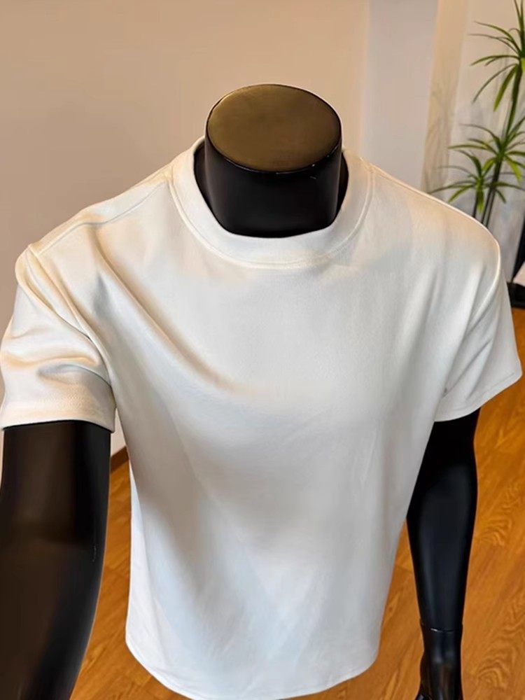 230G Solid Color Cuffs, Small Neckline, Right Shoulder Short-Sleeved T-Shirt For Men, Summer Heavyweight Solona Quick-Drying Cool T-Shirt