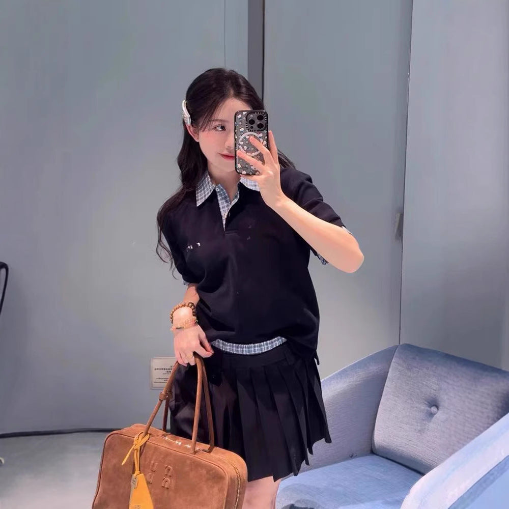 High Version Spot Fake Two-Piece Spliced Polo Collar Short-Sleeved T-Shirt For Women Age-Reducing College Style Tops Couples Short-Sleeved Trendy