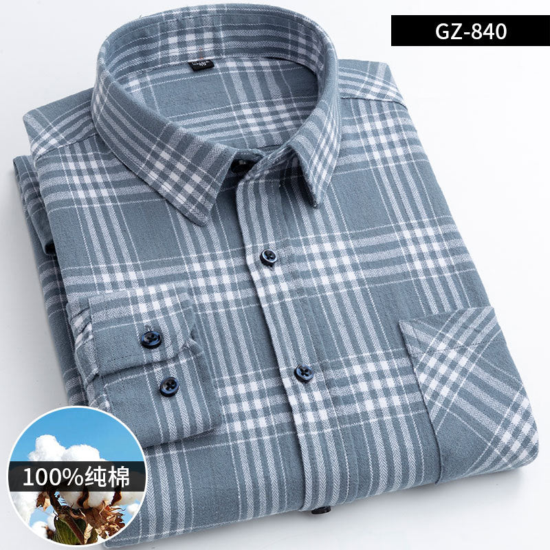 100% Cotton Brushed Long-Sleeved Middle-Aged Shirt Men'S Autumn 2024 New Dad Wear Spring And Autumn Plaid Cotton Shirt