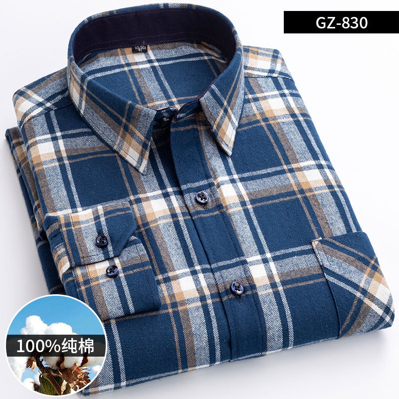 100% Cotton Brushed Long-Sleeved Middle-Aged Shirt Men'S Autumn 2024 New Dad Wear Spring And Autumn Plaid Cotton Shirt