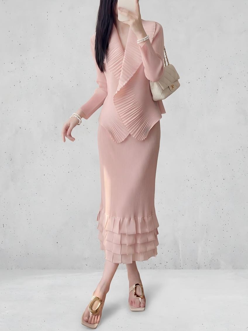 Internet Celebrity Live Broadcast Hot Sale Miyake Style Textured Cardigan Ruffled Cake Skirt Elegant Lady Style Two-Piece Set