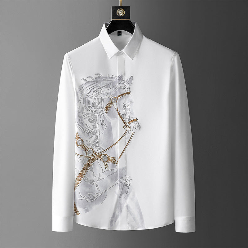 Trendy Brand Men'S Shirt Long-Sleeved Printed Perm Diamond Shirt Men'S Slim Fit No-Iron Anti-Wrinkle Shirt Men'S One Piece Drop Shipping