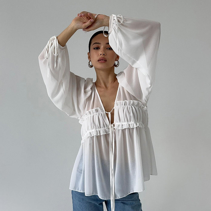2026 New Summer Style V-Neck Pleated Fungus-Edged Lace-Up Shirt With Design, Temperament, Fashionable Commuting, European And American Cross-Border