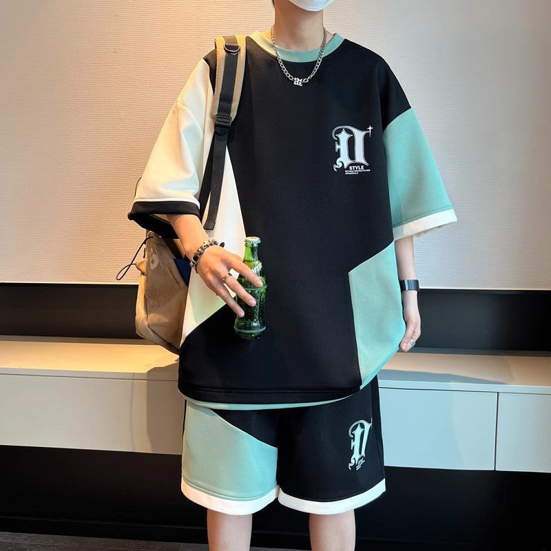 Summer Men'S Breathable Color Matching Loose Casual Suit Personalized Symbol Splicing Loose Casual Sports Suit Wholesale