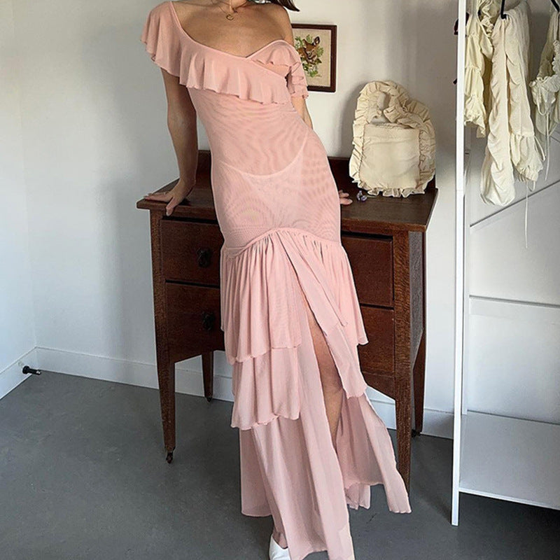 European And American Cross-Border Autumn And Winter New Lotus Lace V-Neck Backless Irregular Mesh Waist Dress Wholesale