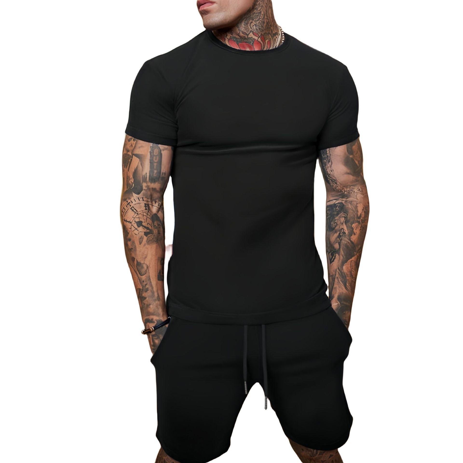Foreign Trade Summer New Cross-Border Men'S European And American Loose And Trendy Youth Solid Color Short-Sleeved Shorts Suit Casual Two-Piece Set
