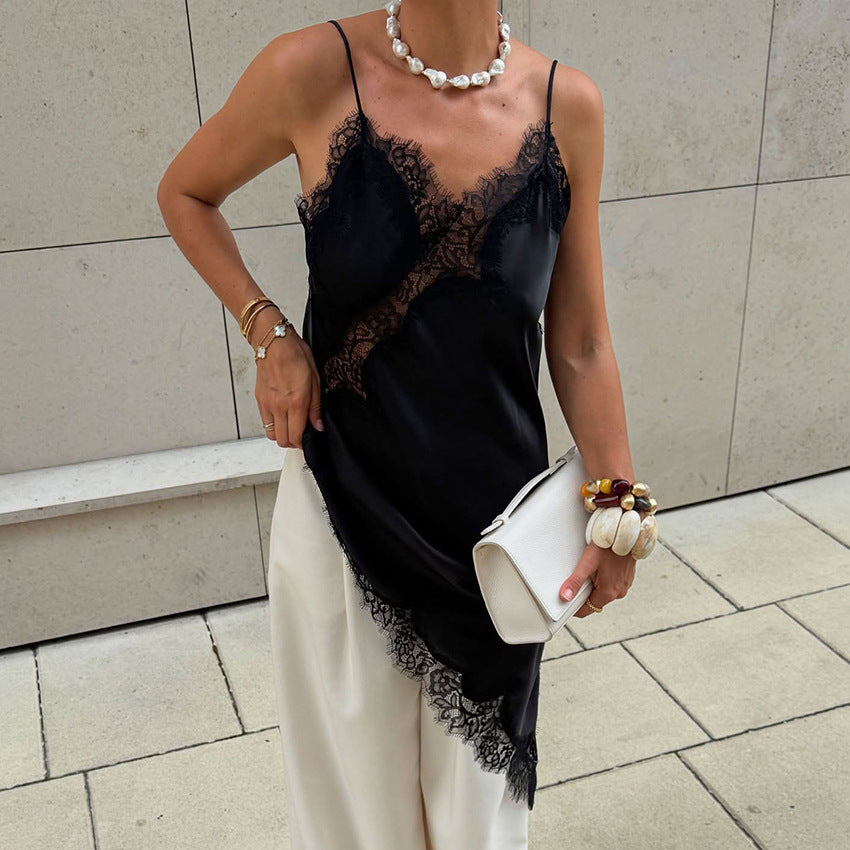 2026 Spring And Summer New Simulated Silk Lace Slit Inner Dress Design And Temperament Satin Satin Suspender Skirt