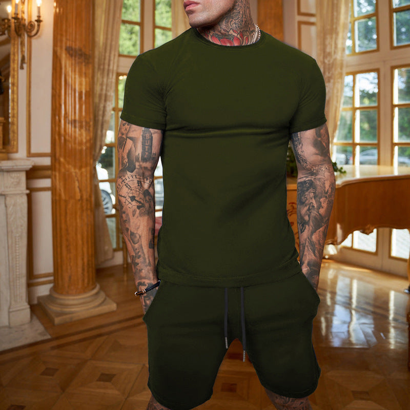 Foreign Trade Summer New Cross-Border Men'S European And American Loose And Trendy Youth Solid Color Short-Sleeved Shorts Suit Casual Two-Piece Set